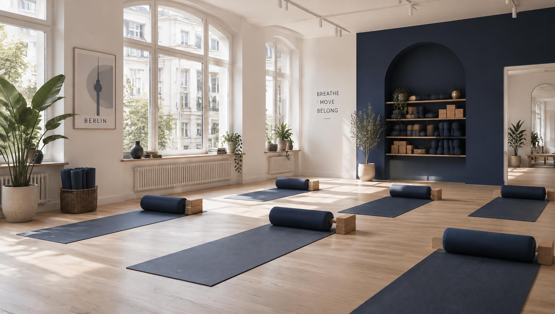 Yoga- und Pilatessaal von JAYMA mit Tageslicht, Holzboden und ausgelegten Matten